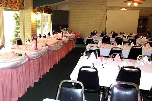 Banquet seating in pink for reception